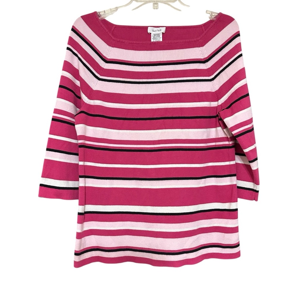 Kate Hill Pink Striped Sweater Square Neck Sz XL Cotton 3/4 Sleeves‎